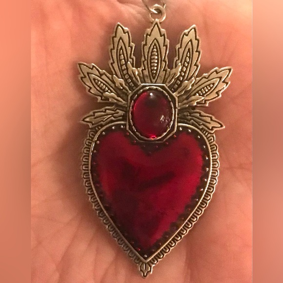 “Blooming Sacred Heart” Ruby Red Fiery Jesus Immaculate Mary Catholic Necklace - Picture 15 of 16